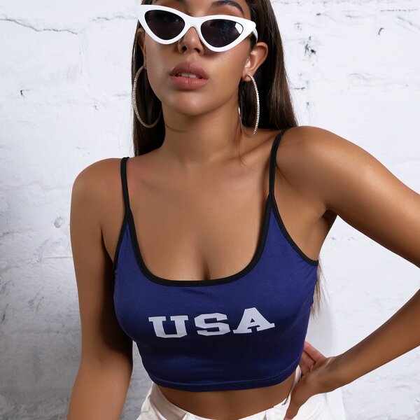 

Letter Graphic Contrast Binding Cami Top, Navy blue