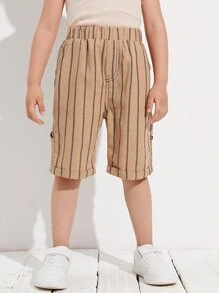 SHEIN 小女童捲邊下擺條紋百慕大短褲 - 卡其色 - 查看 1