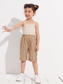 SHEIN 小女童捲邊下擺條紋百慕大短褲 - 卡其色 - 查看 3