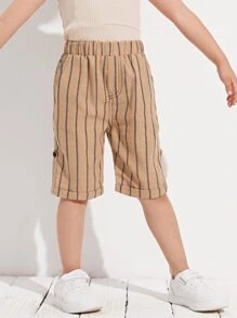 SHEIN 小女童捲邊下擺條紋百慕大短褲 - 卡其色 - 查看 4