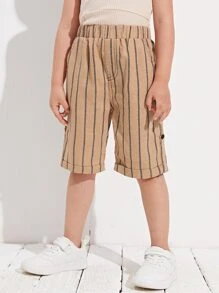SHEIN 小女童捲邊下擺條紋百慕大短褲 - 卡其色 - 查看 5