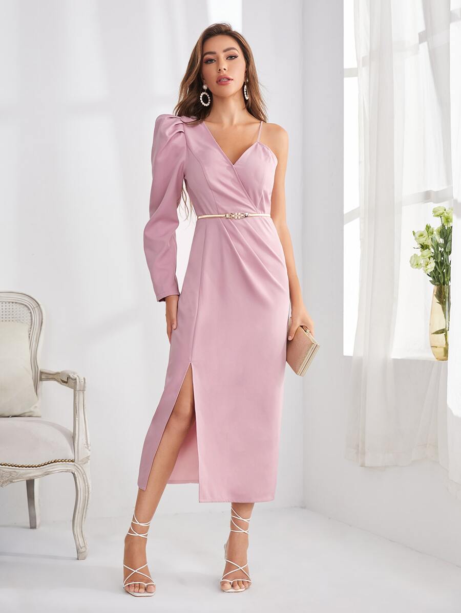 Modelyn Asymmetrical Shoulder Gigot Sleeve Split Hem Belted Dress Wedding Guest Dress - Pink - View 1