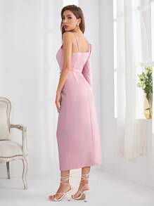 Modelyn Asymmetrical Shoulder Gigot Sleeve Split Hem Belted Dress Wedding Guest Dress - Pink - View 2