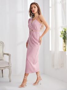 Modelyn Asymmetrical Shoulder Gigot Sleeve Split Hem Belted Dress Wedding Guest Dress - Pink - View 3