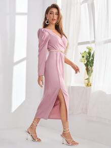 Modelyn Asymmetrical Shoulder Gigot Sleeve Split Hem Belted Dress Wedding Guest Dress - Pink - View 4
