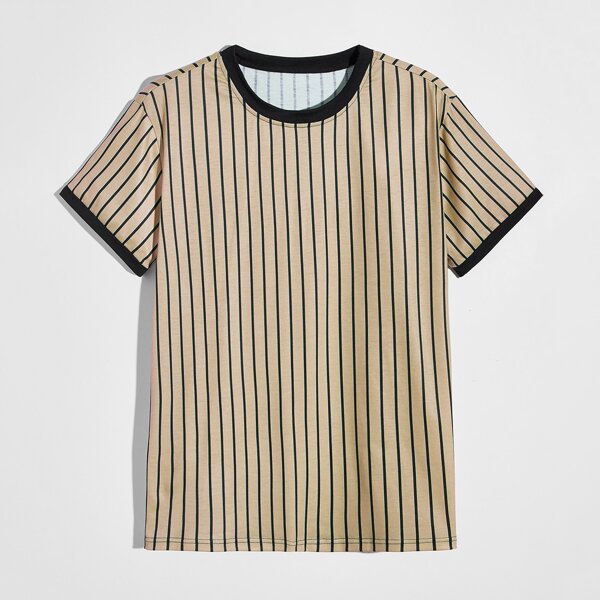 

Men Contrast Binding Striped Tee, Khaki