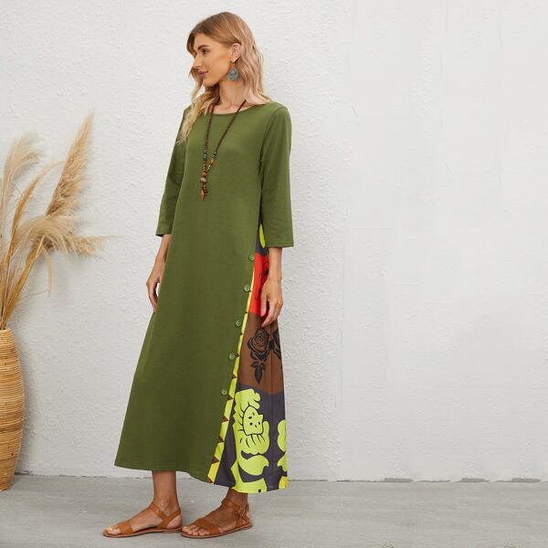 

Contrast Panel Button Side Tee Dress, Army green