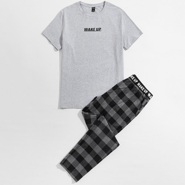 

Men Slogan Graphic Tee and Gingham Pants PJ Set, Multicolor