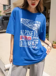DAZY Letter Graphic Drop Shoulder Tee - Royal Blue - View 1