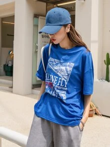 DAZY Letter Graphic Drop Shoulder Tee - Royal Blue - View 3