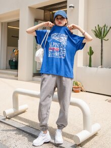 DAZY Letter Graphic Drop Shoulder Tee - Royal Blue - View 5