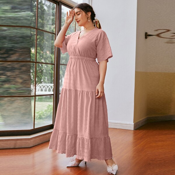 

Plus Solid Surplice Front Backless Ruffle Hem Dress, Pink