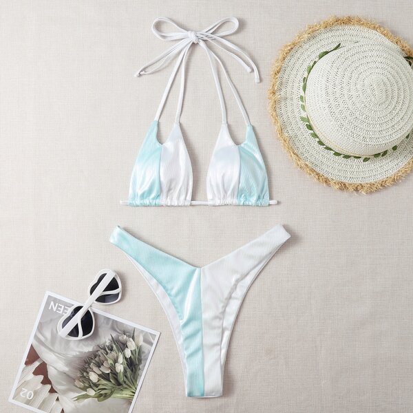 

Color Block Metallic Halter Bikini Swimsuit, Blue and white