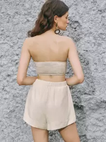 SHEIN Tube Crop Top & Elastic Waist Shorts Set - Beige - View 2