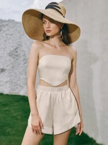 SHEIN Tube Crop Top & Elastic Waist Shorts Set - Beige - View 5