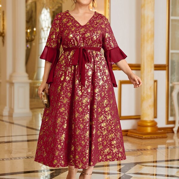 

Plus Allover Floral Belted A-line Dress, Burgundy