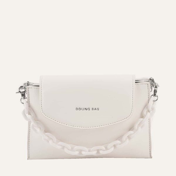 

Letter Embossed Chain Satchel Bag, White