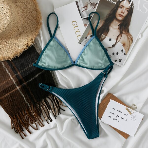 

Color Block Rib Triangle Thong Bikini Swimsuit, Multicolor