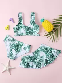 Young Girl Tropical Print Ruffle Bikini Set Summer Beach - Green - View 1