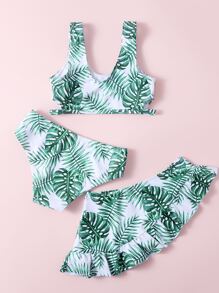 Young Girl Tropical Print Ruffle Bikini Set Summer Beach - Green - View 2