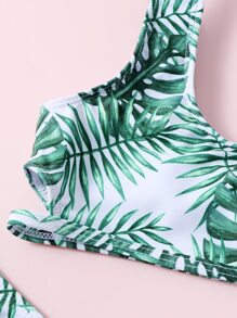 Young Girl Tropical Print Ruffle Bikini Set Summer Beach - Green - View 5