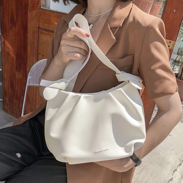 

Letter Graphic Ruched Bag, Beige