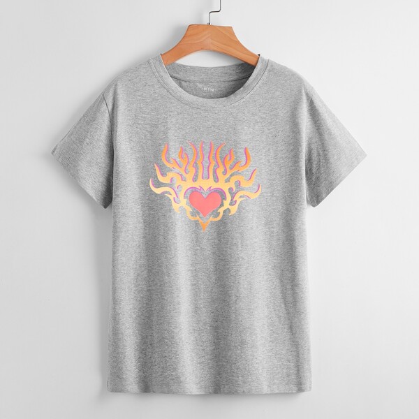 

Fire & Heart Print Tee, Grey