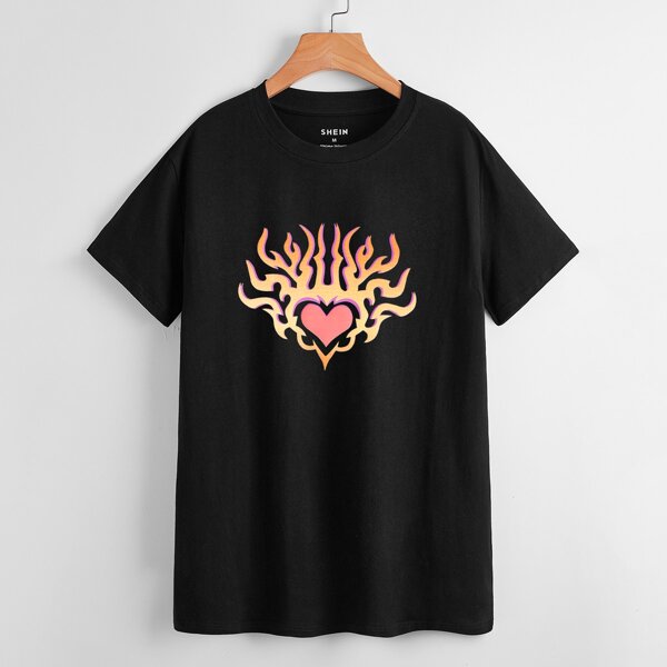 

Fire & Heart Print Tee, Black