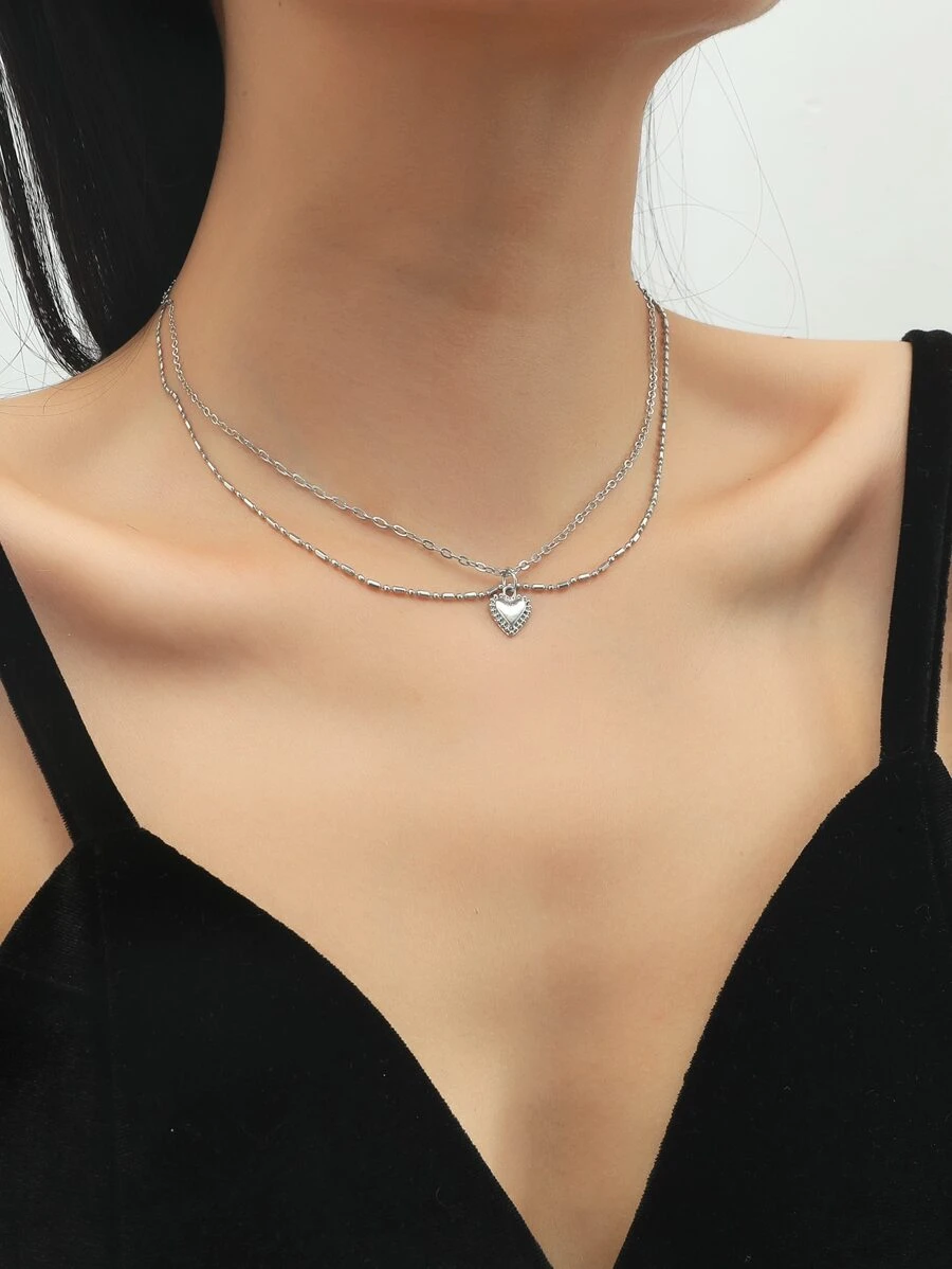 Vòng cổ xếp lớp trái tim quyến rũ - Bạc - Xem 1