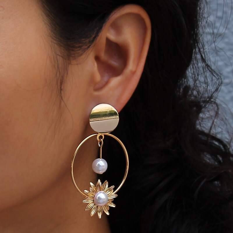 

Faux Pearl Floral Drop Earrings, Gold