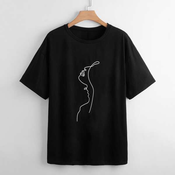 

Plus Drop Shoulder Abstract Print Tee, Black