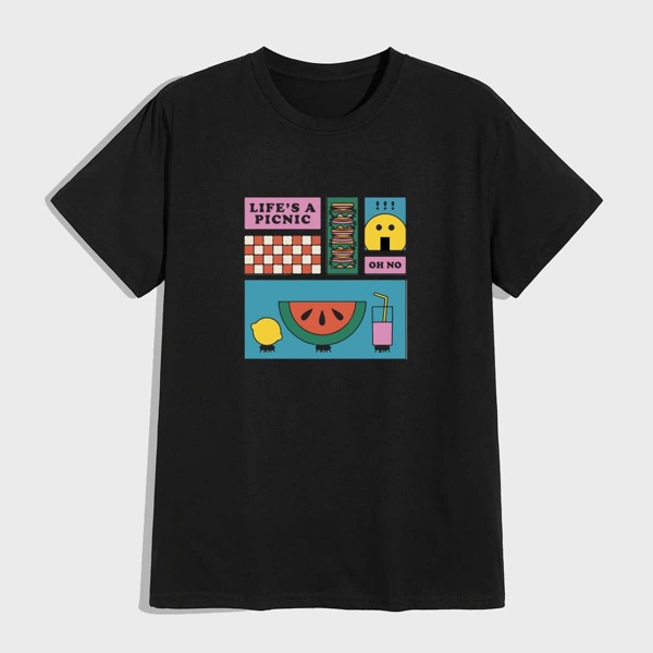 

Men Letter And Graphic Print Tee, Black