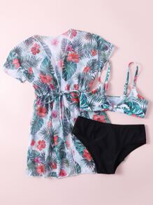3 件装年轻女孩热带印花比基尼套装带和服夏季海滩 - 彩色 - 查看 3