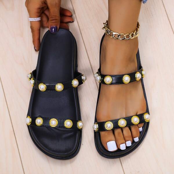 

Faux Pearl Decor Slide Sandals, Black