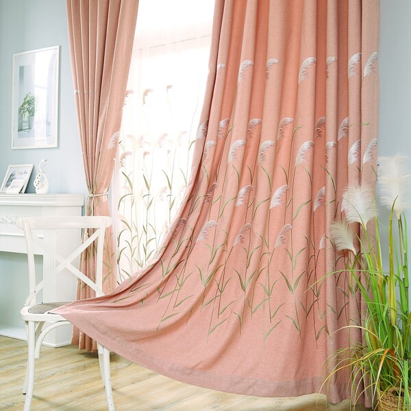 

Reed Embroidery Single Panel Curtain, Pink