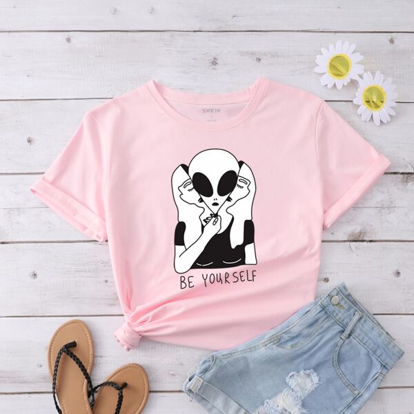 

Alien & Slogan Graphic Tee, Baby pink