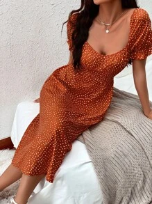 滿版圖案荷葉邊袖後繫帶連衣裙 - 亮橙色 - 查看 1