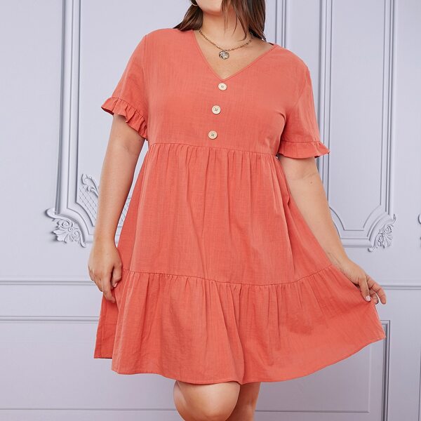 

Plus Button Front Flounce Sleeve Smock Dress, Coral orange