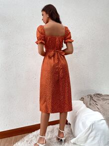 滿版圖案荷葉邊袖後繫帶連衣裙 - 亮橙色 - 查看 2