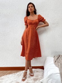 滿版圖案荷葉邊袖後繫帶連衣裙 - 亮橙色 - 查看 3