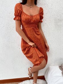 滿版圖案荷葉邊袖後繫帶連衣裙 - 亮橙色 - 查看 5