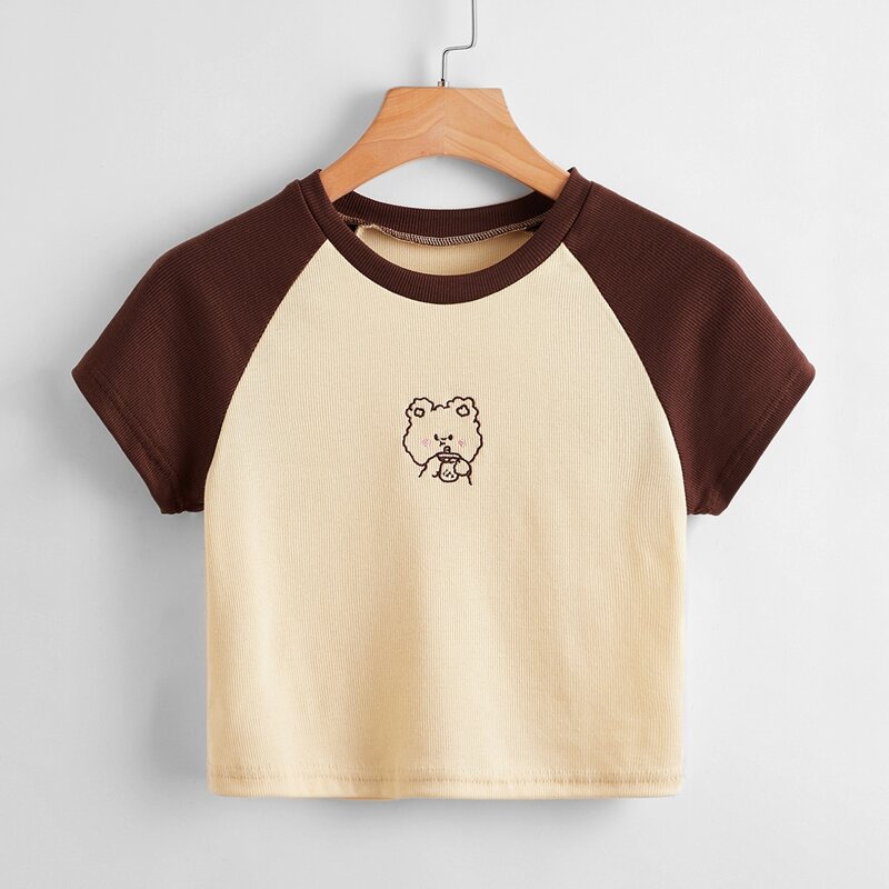 

Cartoon Embroidery Colorblock Ribbed Tee, Multicolor