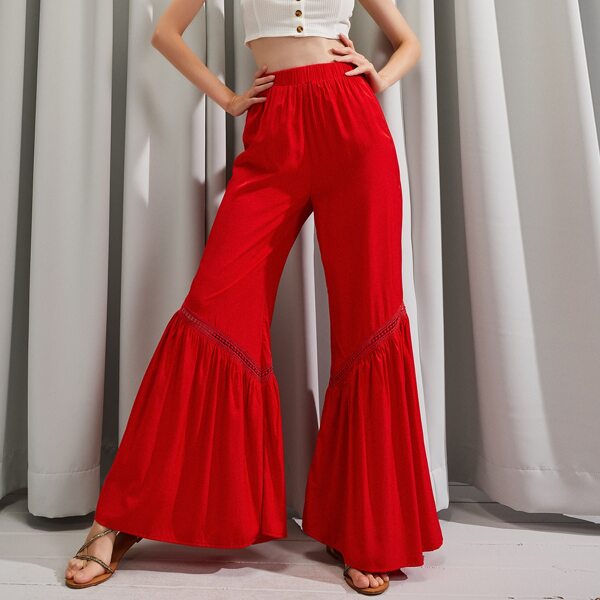 

Elastic Waist Flare Leg Pants, Red