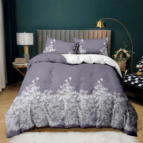 

Flower Print Duvet Cover Set Without Filler, Grey