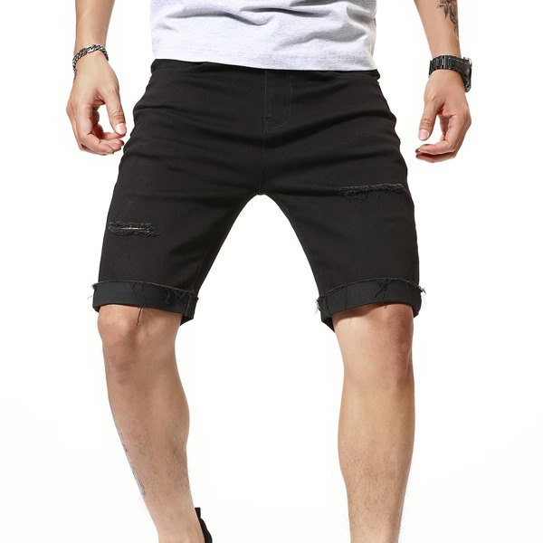 

Men Ripped Solid Denim Shorts, Black