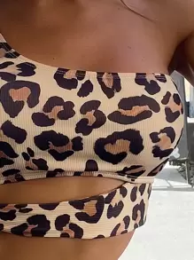 Summer Beach Leopard Print Bikini Set One Shoulder Tie Side Wireless Bra & High Waist Bikini Bottom 2 Pieces Bikini - Multicolor - View 3