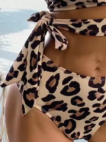 Summer Beach Leopard Print Bikini Set One Shoulder Tie Side Wireless Bra & High Waist Bikini Bottom 2 Pieces Bikini - Multicolor - View 4