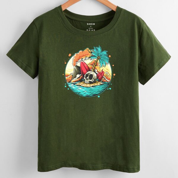 

Skull And Tropical Print Tee, Army green