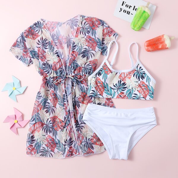 

3pack Toddler Girls Tropical Print Bikini Swimsuit & Kimono, Multicolor