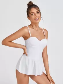 SHEIN Swim 荷叶边下摆聚拢比基尼夏季海滩 - 黑與白 - 查看 3
